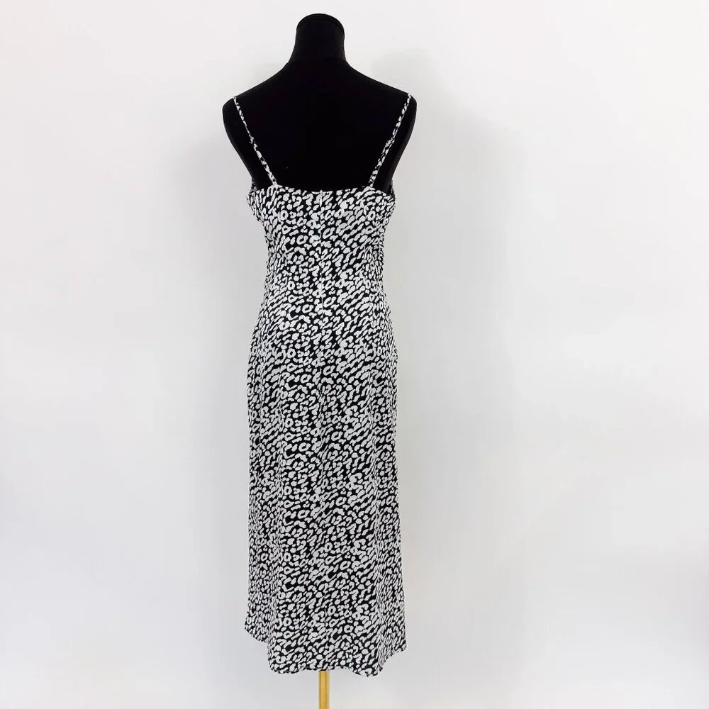 90S STYLE SATIN SLIP DRESS DRAPED COWL NECK BLACK AND WHITE LEOPARD PRINT - Picture 6 of 8